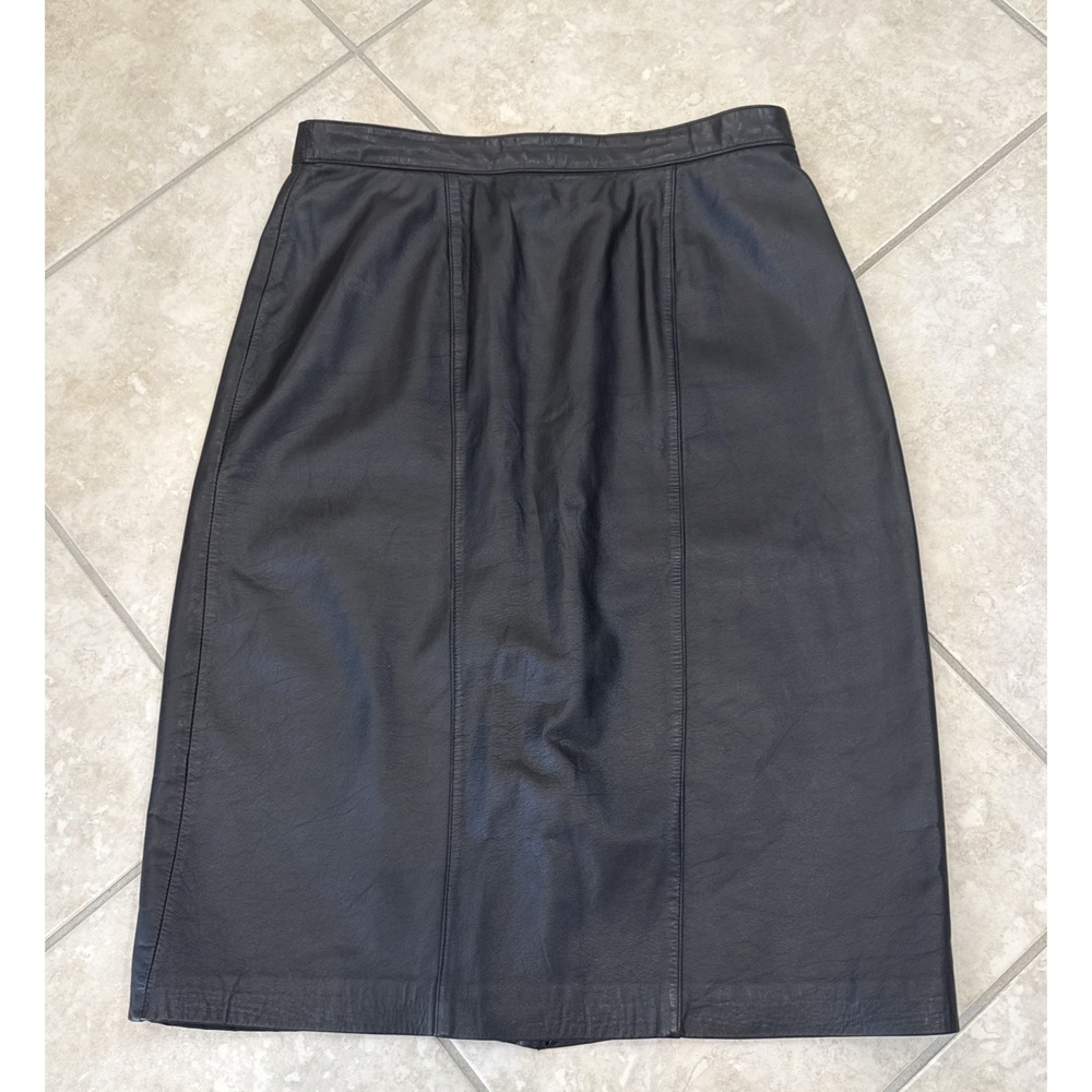VTG Evan Davies Sz 14 Black Cow Napa Leather Midi Skirt Size 14 Lined Slit Goth